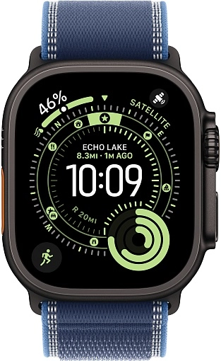 Apple Watch Ultra 3 49 мм, корпус из черного титана, ремешок Trail синего цвета, размер M/L